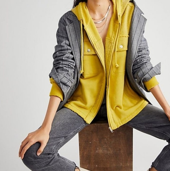 Free People Britney Cardi Hooded Jacket Sweatshirt Zip Front Citron Yellow Green - Picture 4 of 15